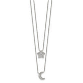 Sterling Silver RH-plated Polished CZ Moon and Star Double Strand Necklace